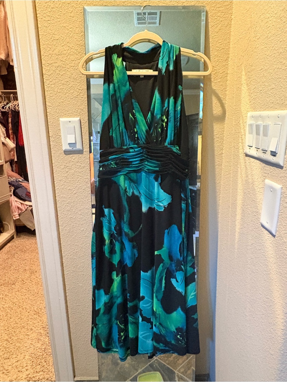 Evan Picone Black Dress with Teal & Green Floral Print